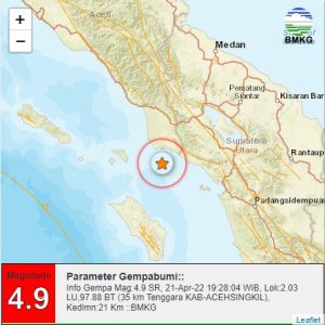 Gempsabumi M 4.9 Guncang Aceh Singkil, Dirasakan Sampai Wilayah Sumut