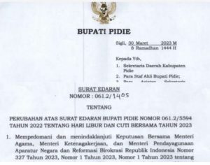 Perubahan Cuti Lebaran, Pj Bupati Pidie Keluarkan SE