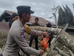 Personel Polsek Bebesen Hadir dan Sigap Bantu Bersihkan Material Pohon Tumbang Akibat Angin Kencang